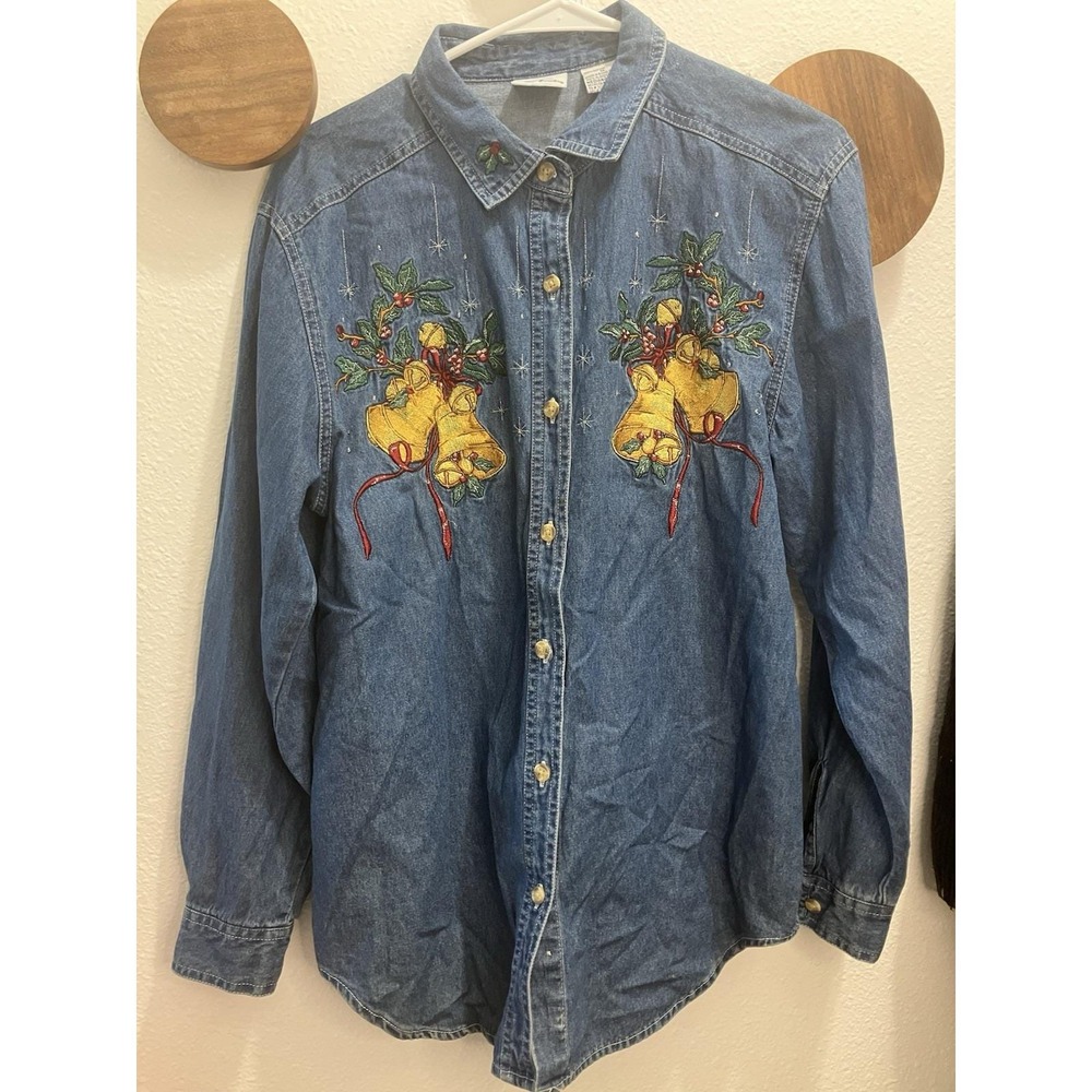 Vintage BOBBIE BROOKS Christmas Sleigh Bells Denim Button Up Medium Grandmacore
